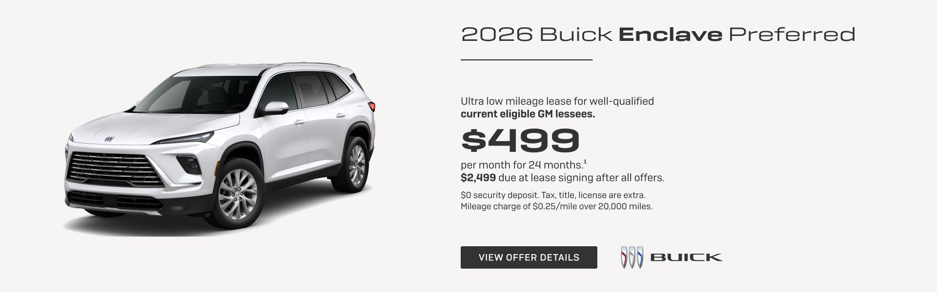Ultra low mileage lease for well-qualified current eligible GM lessees.

$499 per month for 24 mo...